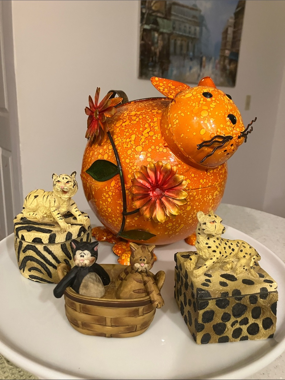 Cat Lovers Bundle: 1 Tin Decorative Tea Kettle/ 2 Resin Boxes/ 1 Cats in Basket